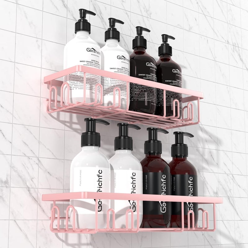 Getsrichfc 2025 New Adhesive Shower Caddy, Shower Shelves with 16 Hooks, Pink 2 Pack - Image 1